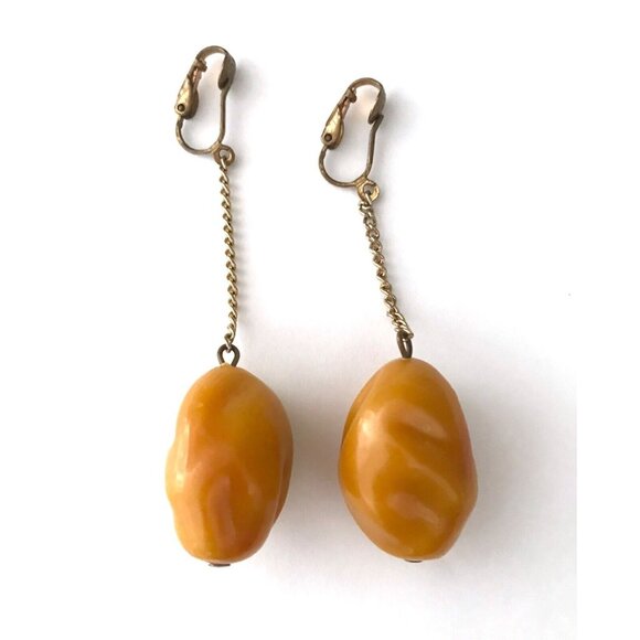 Vintage Butterscotch Bakelite Dangle Nugget Earrings Lever Back Mid Century MCM - Picture 2 of 8